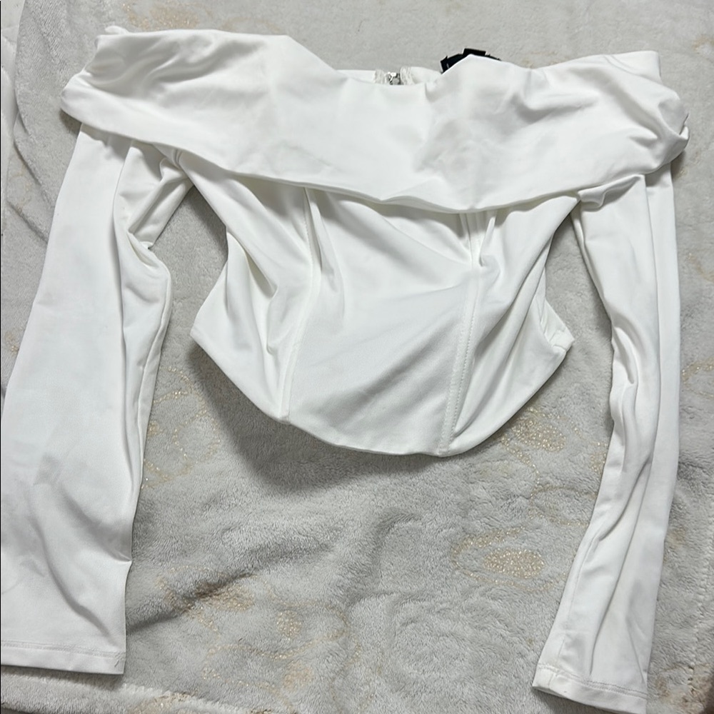 Say What? White Off-the-Shoulder Fitted Blouse